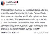A Truth Social post by Trump. He announces the capture of Maduro.