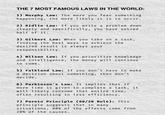 THE 7 MOST FAMOUS LAWS IN THE WORLD: 1) Murphy Law: The more you fear something happening, the more likely it is to occur. 2) Kidlin Law: If you write a problem down clearly and specifically, you have solved half of it. 3) Gilbert Law: When you take on a task, finding the best ways to achieve the desired result is always your responsibility. 4) Wilson Law: If you prioritize knowledge and intelligence, the money will continue to come. 5) Falkland Law: If you don't have to make a decision about something, then don't decide. 6) Parkinson's Law: It implies that if more time is given to complete a task, it will likely consume that entire time, often resulting in less efficiency. 7) Pareto Principle (80/20 Rule): This principle suggests that in many situations, 80% of the effects come from 20% of the causes.