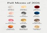 Full Moons of 2026 January 3 Wolf Moon February 1 Snow Moon March 3 Worm Moon April 2 Pink Moon May 1 Flower Moon May 31 Blue Moon June 30 Strawberry Moon July 29 Buck Moon October 26 Hunter's Moon November 24 Beaver Moon August 28 Sturgeon Moon December 24 Cold Moon