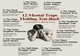 12. The "Sunk Cost" Attachment If it's not serving you 1. The "One Shot" Illusion Failures are steps, not stop signs- keep going. 2. The "Invisible Effort" Fallacy What's easy for you might be valuable to others. anymore, let it go. 12 Mental Traps 11. The "Fixer Holding You Back (And How to Break Free) Mode" Instinct Not every problem needs a solution- sometimes, just listen. 10. The "Crisis Amplifier" Response Most problems shrink when you zoom out. 9. The "Comparison Spiral" Illusion Your journey is yours- stop measuring with someone else's ruler. 8. The "Self-Made Struggle" Habit Not everything valuable has to be difficult. 3. The "Mood Forecast" Error A bad morning doesn't mean a bad day-reset & move. 4. The "Audience Spotlight" Trap People are too busy with their own lives to judge yours. 5. The "All Effort, No Outcome" Myth Hard work helps, but smart work wins- adapt as needed. 6. The "Silent Expectations" Mistake If you don't say it, don't expect them to know it. 7. The "Checklist for Happiness" Lie Happiness isn't a goalpost-enjoy the now.