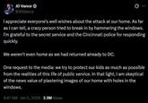 JD Vance's tweet responding to the home vandalised.