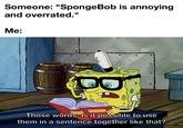 Someone: "SpongeBob is annoying and overrated." Me: ° Those words. Is it possible to use them in a sentence together like that?