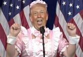 An edit of Donald Trump sticking his tongue out. He is wearing a pink maid's outfit.