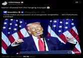 A tweet sharing an image of Trump doing ahegao face. The tweet reads, "barron showed him the hanging troonjak 😭"