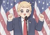 An AI image of Trump as a kawaii anime character. He has his hands up.
