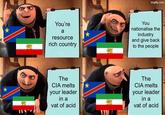 imgflip.com You're a resource rich country You nationalise the industry and give back to the people The CIA melts your leader in a vat of acid The CIA melts your leader in a vat of acid