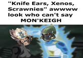 "Knife Ears, Xenos, Scrawnies" awwww look who can't say MON'KEIGH