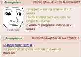 Anonymous 5 KB PNG 03/29/21(Mon) 17:40:26 No.62967087 >stopped wearing retainer for 2 weeks >teeth shifted back and can no longer fit retainer 2 years of progress undone in 2 weeks : Anonymous >>62967087 (OP) # 03/29/21(Mon) 17:42:47 No.62967116 >2 years of progress undone in 2 weeks thats life