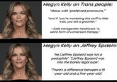 Megyn Kelly on Trans people: "done with 'preferred pronouns," "and if "you're marketing this stuff to little kids, you are a groomer." -Calls transgender healthcare “a weird form of conversion therapy," Megyn Kelly on Jeffrey Epstein: "He [Jeffrey Epstein] was not a p--------" "[Jeffrey Epstein] was into the barely legal type". "There's a difference between a 15 -year-old and a five-year-old".