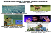 lofi hip hop radio beats to relax/study to starter pack rainfall sounds in the background birds chirping in the background Music that is mostly similar sounding, perfect to just fit with the flow every now and then a song comes up with interesting and unique beats random people chatting with eachother in Hindi in the live chat