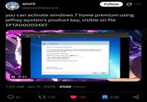 azure @possiblyazure Follow you can activate windows 7 home premium using jeffrey epstein's product key, visible on file EFTA00002467 File Virtual Machine View Send Key C II 0:31 Press Control L+Alt L to release pointer. temp on QEMU/KVM Set Up Windows Type your Windows product key You can find your Windows product key on a label included with the package that came with your copy of Windows. The label might also be on your computer case. Activation pairs your product key with your computer. The product key looks similar to this: CWMY2-V4YPB-T32DK-XTMBG-V3R32 (dashes will be added automatically) Automatically activate Windows when I'm online What is activation? Read our privacy statement 7:25 AM - Jan 11, 2026 658K Views Skip Next 81 1.2K 12K 3.2K
