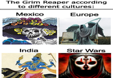 The Grim Reaper according to different cultures: Mexico Europe India Star Wars
