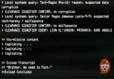 Local systems query, Tech-Magos Rho-11: reason, suspected data corruption > CLEARANCE SIGNIFIER CONFIRM, no corruption > Local systems query. Senior Magos Gemenax Lasis-9-9: suspected tech-heresy malfeasance > CLEARANCE SIGNIFIER CONFIRM, no malfeasance > CLEARANCE SIGNIFIER IDENT: LION EL JONSON, PRIMARCH DARK ANGELS >> Vox-missive content > Cogitating > Cogitating > Cogitating >> Exload Transcript >> "Brother. We need to F---." >>Exload Concludes