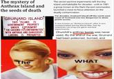 The mystery of Anthrax Island and the seeds of death GRUINARD ISLAND THIS ISLAND IS GOVERNMENT PROPERTY UNDER EXPERIMENT THE GROUND IS CONTAMINATED WITH ANTHRAX AND DANGEROUS. LANDING IS PROHIBITED The secret wartime experiments left the tiny island uninhabitable for decades - until in 1981 a group known as the Dark Harvest commandos launched a move to focus attention on the deadly contamination. For decades, Gruinard Island off the north west coast of Scotland was too dangerous to allow public access. It was known as "Anthrax Island" after it was contaminated during World War Two by scientists carrying out germ warfare experiments. Churchill's anthrax bomb was never used. By the end of the war, Gruinard had been poisoned, burned, and The WHAT