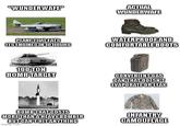 "WUNDERWAFE" ACTUAL WUNDERWAFE PLANE THAT EATS ITS ENGINES IN 10 HOURS WATERPROOF AND COMFORTABLE BOOTS 100 TON BOMB TARGET CONVENIENT GAS CAN THAT DOESN'T EVAPORATE OR LEAK BOMB THAT COSTS MORE THAN A HEAVY BOMBER BUT CAN'T HIT ANYTHING imgflip.com INFANTRY CAMOUFLAGE
