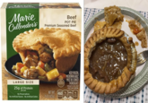 Marie Callender's Beef POT PIE Premium Seasoned Beef LARGE SIZE 25g of Protein per pie No Preservatives 0.5 KEEP FROZEN, MICROWAVEABLE MUST BE COOKED THOROUGHLY Enlarged to show deta PER 1 CUP SERVING NET WT 46011640-4 Calories Sat. Fat Sodium Total 55% Sugars 28%DV No Artificial Flavors No Artificial Colors 15 OZ (425g)