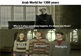 Arab World for 1300 years Why is it when something happens, it's always you three? Turks Persians Mongols
