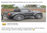 Spotted this interesting car on my way to work epicfunnypage @epicfunnypage This looks like you pull it backwards until it clicks, then let go, and it will go really fast