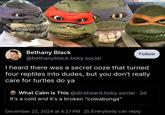 Bethany Black @bethanyblack.bsky.social Follow I heard there was a secret ooze that turned four reptiles into dudes, but you don't really care for turtles do ya What Calm is This @direbeard.bsky.social . 2d It's a cold and it's a broken "cowabunga" December 22, 2024 at 4:27 PM Everybody can reply