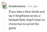 Drewdiniskirino 9 hr. ago If you take a blue whale and lay it lengthwise across a football field, they'll have no choice but to cancel the game