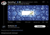 Ayushi @iyoushetwt. 22h guess what career is this 246 1352 1.2K ili 83.3K Д Echoes-> @OfAllMinds Replying to @iyoushetwt Diamond miner Follow