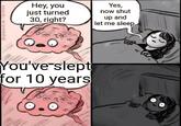3342/W Hey, you just turned 30, right? Yes, now shut up and let me sleep. You've slept for 10 years
