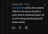@element7202 • 11h ago @JurassicGaint sold my whole custodes collection in the summer around 5k in points, all the fw vehicles both planes. Got so sick for seeing and hearing about the female custodes. B3