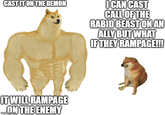 CAST IT ON THE DEMON I CAN CAST CALL OF THE RABID BEAST ON AN ALLY BUT WHAT IF THEY RAMPAGE!!! IT WILL RAMPAGE ON THE ENEMY imgilip.com