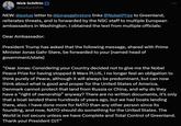 Nick Schifrin @nickschifrin NEW: @potus letter to @jonasgahrstore links @Nobel Prize to Greenland, reiterates threats, and is forwarded by the NSC staff to multiple European ambassadors in Washington. I obtained the text from multiple officials: Dear Ambassador: President Trump has asked that the following message, shared with Prime Minister Jonas Gahr Støre, be forwarded to your [named head of government/state] "Dear Jonas: Considering your Country decided not to give me the Nobel Peace Prize for having stopped 8 Wars PLUS, I no longer feel an obligation to think purely of Peace, although it will always be predominant, but can now think about what is good and proper for the United States of America. Denmark cannot protect that land from Russia or China, and why do they have a "right of ownership" anyway? There are no written documents, it's only that a boat landed there hundreds of years ago, but we had boats landing there, also. I have done more for NATO than any other person since its founding, and now, NATO should do something for the United States. The World is not secure unless we have Complete and Total Control of Greenland. Thank you! President DJT"