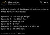 ViewerAnon @ViewerAnon X.com All the A Knight of the Seven Kingdoms episode titles if you're interested: Episode 1 - The Hedge Knight Episode 2 - Hard Salt Beef Episode 3 - The Squire Episode 4 - Seven Episode 5 - In the Name of the Mother Episode 6 - The Morrow 4:10 PM - 1/18/26 1.1K Views