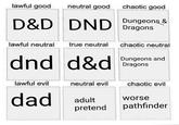lawful good neutral good chaotic good D&D DND Dungeons & Dragons lawful neutral true neutral chaotic neutral dnd d&d Dungeons and Dragons lawful evil neutral evil dad adult pretend chaotic evil worse pathfinder