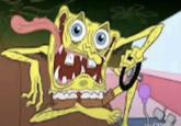 An insane image of SpongeBob driving a boat. He looks truly mad.