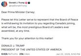 A Truth Social post. The post disinvites Canada from the Board of Peace.