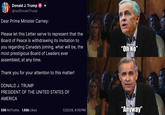 Donald J. Trump ++ @realDonaldTrump Dear Prime Minister Carney: Please let this Letter serve to represent that the Board of Peace is withdrawing its invitation to you regarding Canada's joining, what will be, the most prestigious Board of Leaders ever assembled, at any time. Thank you for your attention to this matter! DONALD J. TRUMP PRESIDENT OF THE UNITED STATES OF AMERICA 596 ReTruths 1.86k Likes RAKRUMBS "Oh No❞ 1/22/26, 8:50 PM "Anyway" PAKRUMBS