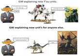 GW explaining new T'au units. If someone asks, you made this 3 days ago. GAMES WORKSHOP NO! Can we get minis for Auxiliaries that aren't Kroot? GW explaining new unit's for anyone else. GAMES WORKSHOP If someone asks you have been using this since forever. What the f--- is that?