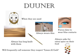 DUUNER When they see sand Always has long knife with them Forces date to wear blue contacts Always wears this: Always asks for extra spice on their food 12 STAPLE SPICES Will frequently call someone they respect "Lisan-Al Gaib"
