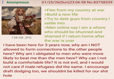 Anonymous 138 KB JPG 01/25/26(Sun)23:06:58 No.83758339 >Flee from my country at war >Build a new life >Try to date guys from country I settle into >Men online say I am a w---- who should be shunned and shamed if I return home after the war is over I have been here for 3 years now, why am I NOT allowed to form connections to the other people here? Why am I obligated to men who were more likely to beat me than the men here? Why can I not build a comfortable life? It is not evil, and I would not care if male refugees did the same. I encourage draft dodging too, we shouldnt be killed for our s--- hole