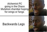 Alchemist PC going in the Chaos Mutation chamber hoping for wings or fangs Backwards Legs imgflip.com