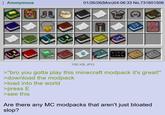 Anonymous IB 01/26/26(Mon)04:06:33 No.731601506 106 KB JPG >"bro you gotta play this minecraft modpack it's great!" >download the modpack >load into the world >press E >see this Are there any MC modpacks that aren't just bloated slop?