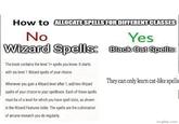 How to ALLOCATE SPELLS FOR DIFFERENT CLASSES No Wizard Spells: The book contains the level 1+ spells you know. It starts with six level 1 Wizard spells of your choice. Whenever you gain a Wizard level after 1, add two Wizard spells of your choice to your spellbook. Each of these spells must be of a level for which you have spell slots, as shown in the Wizard Features table. The spells are the culmination of arcane research you do regularly. Yes Black Cat Spells: They can only learn cat-like spells imgflip.com