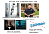 YouTube "True" Scary Story Starter Pack Perp escapes before anything happens Police do nothing and are completely useless Creepy person inside house/outside window QUPDATE Author says they will update the story but it never happens