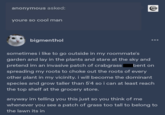 anonymous asked: youre so cool man bigmenthol bent on sometimes i like to go outside in my roommate's garden and lay in the plants and stare at the sky and pretend im an invasive patch of crabgrass spreading my roots to choke out the roots of every other plant in my vicinity. i will become the dominant species and grow taller than 5'4 so i can at least reach the top shelf at the grocery store. anyway im telling you this just so you think of me whenever you see a patch of grass too tall to belong to the lawn its in