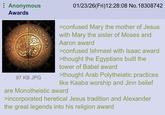 Anonymous Awards 01/23/26(Fri)12:28:08 No. 18308742 97 KB JPG >confused Mary the mother of Jesus with Mary the sister of Moses and Aaron award >confused Ishmael with Isaac award >thought the Egyptians built the tower of Babel award >thought Arab Polytheiatic practices like Kaaba worship and Jinn belief are Monotheistic award >incorporated heretical Jesus tradition and Alexander the great legends into his religion award