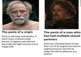 The penis of a virgin Penis is still large and healthy. It hasn't been crushed inside dozens of vaginas and will one day make the right woman a very happy wife The penis of a man who has had multiple sexual partners Penis has shriveled down to less than 1/3 of its original size due to vaginal pressure and will no longer be able to pleasure any woman