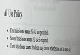 AI Use Policy First take-home exam: No AI use permitted. Second take-home exam: AI use is required. Third take-home exam: Students may choose whether or not to use AI.