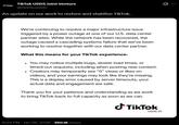 тікток TikTok USDS Joint Venture @tiktokusdsjv An update on our work to restore and stabilize TikTok. We're continuing to resolve a major infrastructure issue triggered by a power outage at one of our U.S. data center partner sites. While the network has been recovered, the outage caused a cascading systems failure that we've been working to resolve together with our data center partner. What this means for your TikTok experience: . You may notice multiple bugs, slower load times, or timed-out requests, including when posting new content. Creators may temporarily see "O" views or likes on videos, and your earnings may look like they're missing. This is a display error caused by server timeouts; your actual data and engagement are safe. Thank you for your patience and understanding as we work to bring TikTok back to full capacity as soon as we can. 6:54 PM - Jan 26, 2026 350.1K Views Ժ TikTok USDS JV
