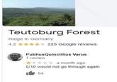 Teutoburg Forest Ridge in Germany 4.2 ✰✰✰✰✰ 225 Google reviews PubliusQuinctilius Varus 1 review a month ago 0/10 would not go through again 94