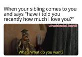 When your sibling comes to you and says "have i told you recently how much i love you?" u/Puzzleheaded_Step468 What? What do you want?