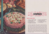 Meat and Fish Meat Salad Mold 1 12-oz. can Luncheon Meat 2 tablespoons plain Gelatin ½ cup cold Water 1½ cups Tomato Juice 3-oz. package Cream Cheese 2 tablespoons Lemon Juice 2 teaspoons prepared Mustard 2 teaspoons grated Onion ½ cup chopped Celery 1/2 cup chopped Sweet Pickle ½ cup Mayonnaise Cut meat in 12-inch cubes. Soften gelatin in cold water. Heat to- mato juice to boiling; pour over gelatin; stir until dissolved. Mash cheese; blend with lemon juice and mustard. Slowly add tomato juice mixture to cheese, stirring continuously; cool. Mix together meat, onion, celery, pickle with mayonnaise. When gelatin mixture begins to thicken, fold in meat mixture. Rinse 8-inch ring mold with cold water. Pour mixture into mold and chill until firm. If decorated mold is desired, reserve several pieces each of pickle, celery, and meat to place in mold before pouring in mixture. When ready to serve, unmold to plate and fill center with Indian Cole Slaw or Shredded Lettuce. 8-10 Servings. 23