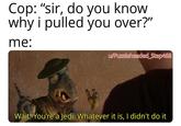 Cop: "sir, do you know why i pulled you over?" me: u/Puzzleheaded Step468 Wait! You're a Jedi. Whatever it is, I didn't do it